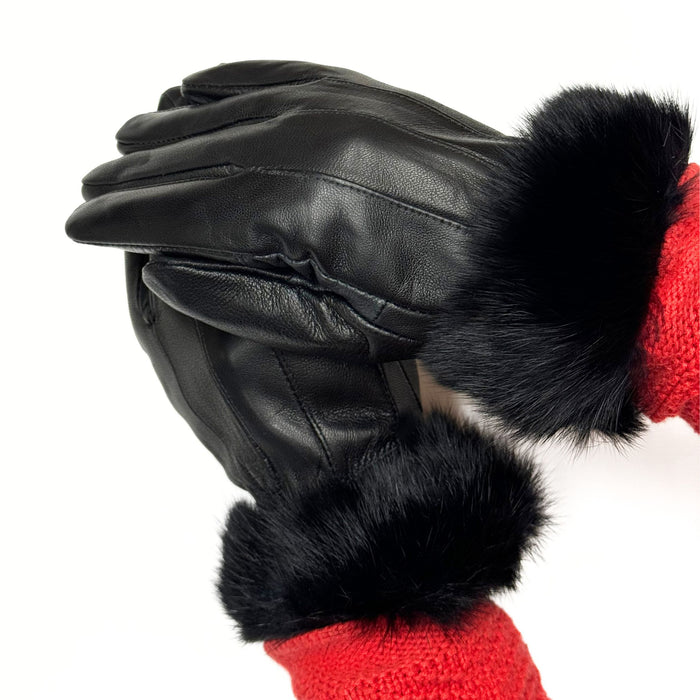 Ladies Sleek Sheep Leather Gloves with Rabbit Fur on Wrist - Black