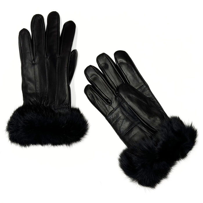 Ladies Sleek Sheep Leather Gloves with Rabbit Fur on Wrist - Black
