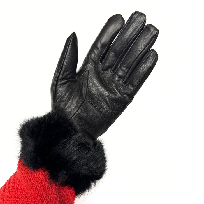 Ladies Sleek Sheep Leather Gloves with Rabbit Fur on Wrist - Black