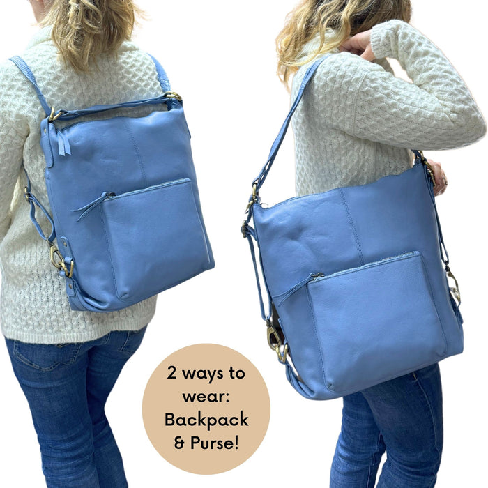 2 Way Convertible Leather Handbag & Backpack - Black, Brown, Yellow, Pink, Purple, Blue