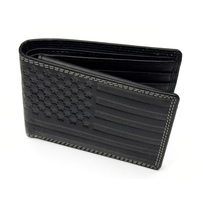 Men's Oil Pull-Up Leather Wallet with Embossed US Flag - Black