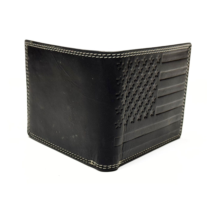 Men's Oil Pull-Up Leather Wallet with Embossed US Flag - Black