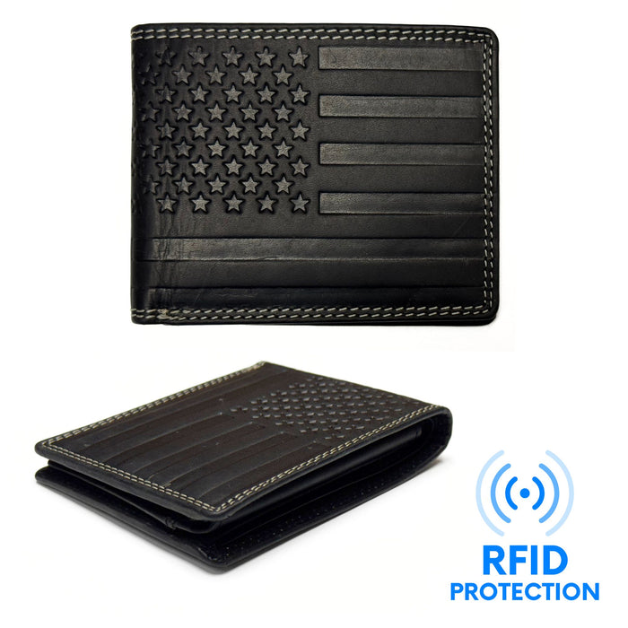 Men's Oil Pull-Up Leather Wallet with Embossed US Flag - Black