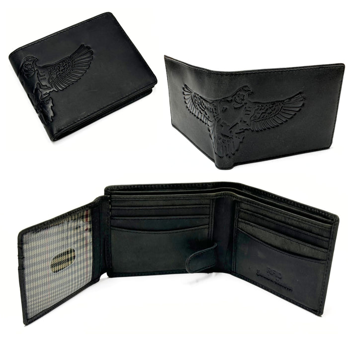 Men's Oil Pull-Up Leather Wallet with Embossed Eagle Design - Black
