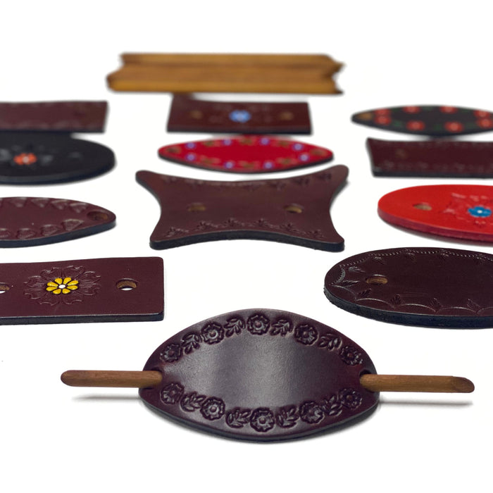 Large & Extra Large Genuine Leather Barrettes with Sticks - Handmade Tooled, Painted and Dyed Hair Accessories