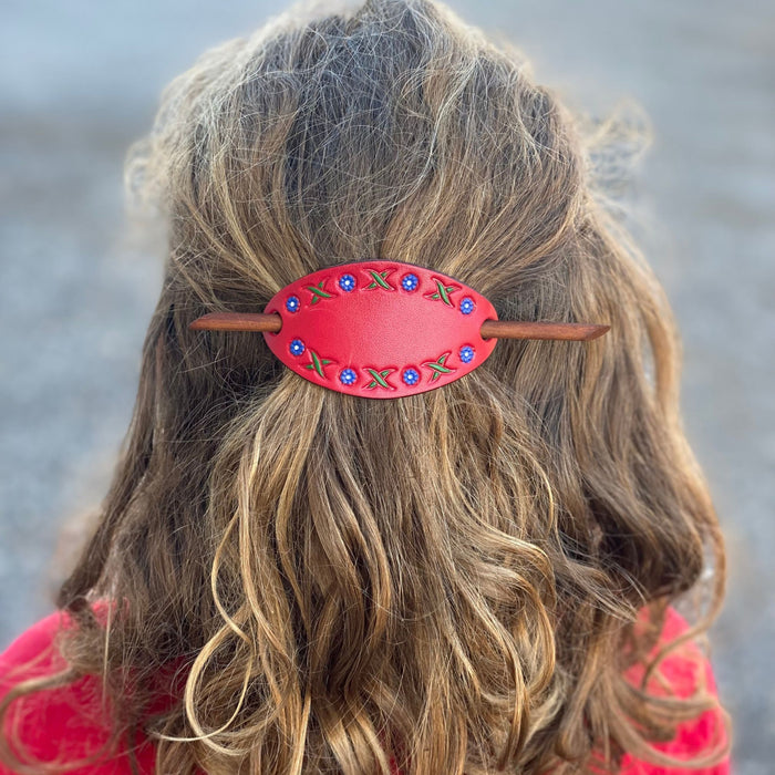 Large & Extra Large Genuine Leather Barrettes with Sticks - Handmade Tooled, Painted and Dyed Hair Accessories