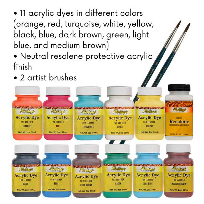 Fiebing's Acrylic Dye Pack - 11 Paint Colors, 2 Brushes & Acrylic Resolene