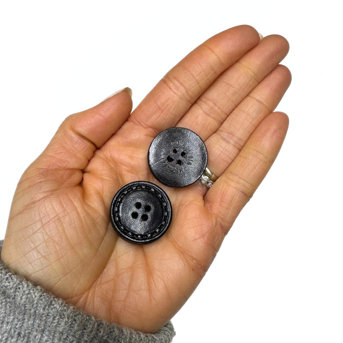 Vintage Black Leather Buttons - Pack of 6 Genuine Leather Textured Buttons
