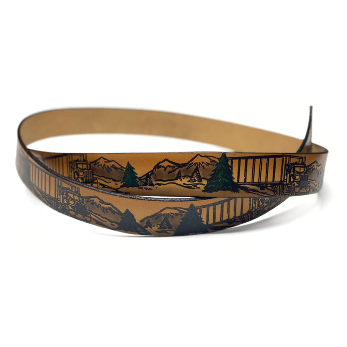 Truck Themed Deeply Embossed Dyed Leather Belt - 42" to 54"