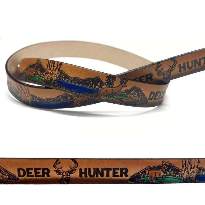 Deer Hunter Themed Deeply Embossed Dyed Leather Belt - 42" to 54"