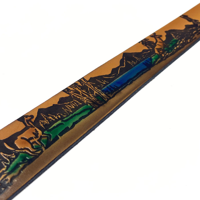 Deer Themed Deeply Embossed Dyed Leather Belt - 42" to 54"