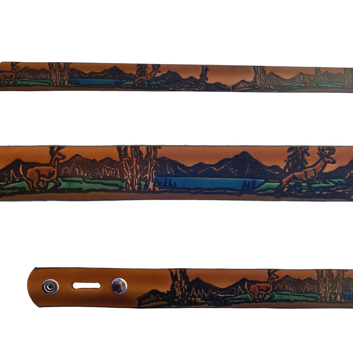 Deer Themed Deeply Embossed Dyed Leather Belt - 42" to 54"