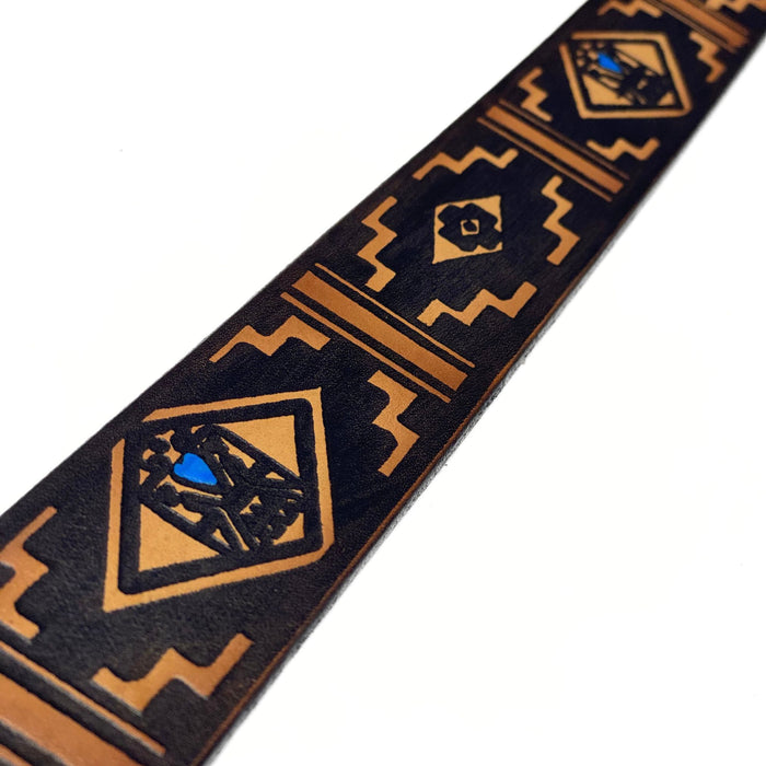 Thunderbird Southwest Style Deeply Embossed Dyed Leather Belt - 42" to 54"