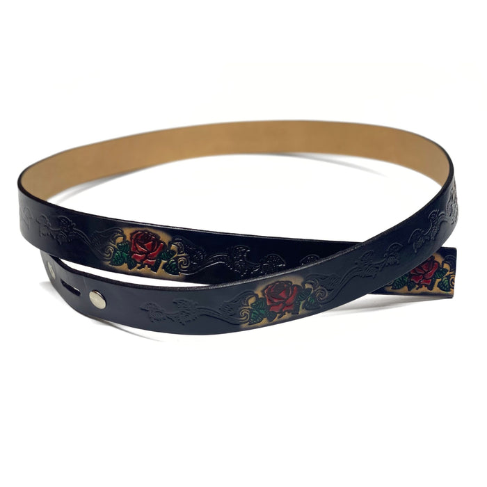 Red Rose Rider Themed Deeply Embossed Dyed Leather Belt - 42" to 54"