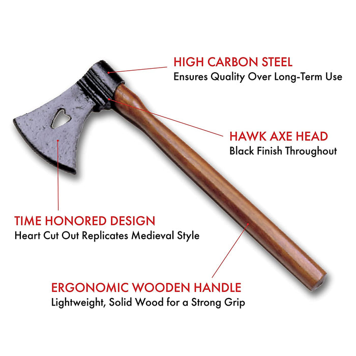 Heart Cut Tomahawk - 13" Medieval Style Throwing Tomahawk - Black Finish Axe with Wooden Handle