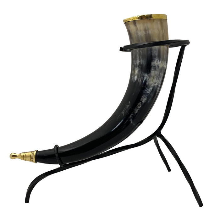Authentic Buffalo Horn with Brass Accent and Iron Stand - 12" Viking Drinking Horn