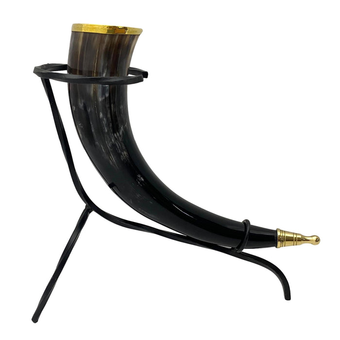 Authentic Buffalo Horn with Brass Accent and Iron Stand - 12" Viking Drinking Horn