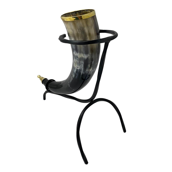 Authentic Buffalo Horn with Brass Accent and Iron Stand - 12" Viking Drinking Horn