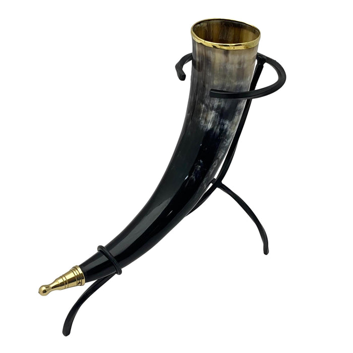 Authentic Buffalo Horn with Brass Accent and Iron Stand - 12" Viking Drinking Horn