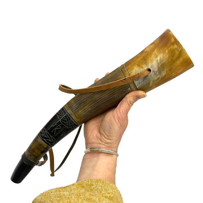Etched Blowing War Horn - Sounding Buffalo Horn with Leather Strap - Historical Trumpet