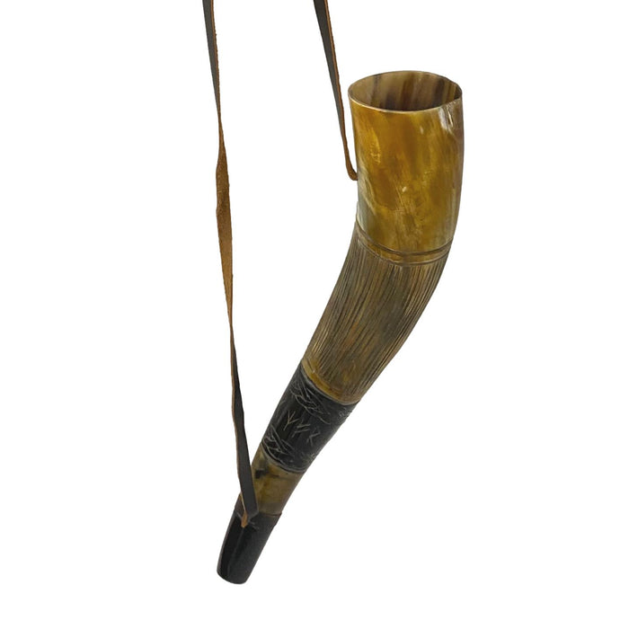 Etched Blowing War Horn - Sounding Buffalo Horn with Leather Strap - Historical Trumpet