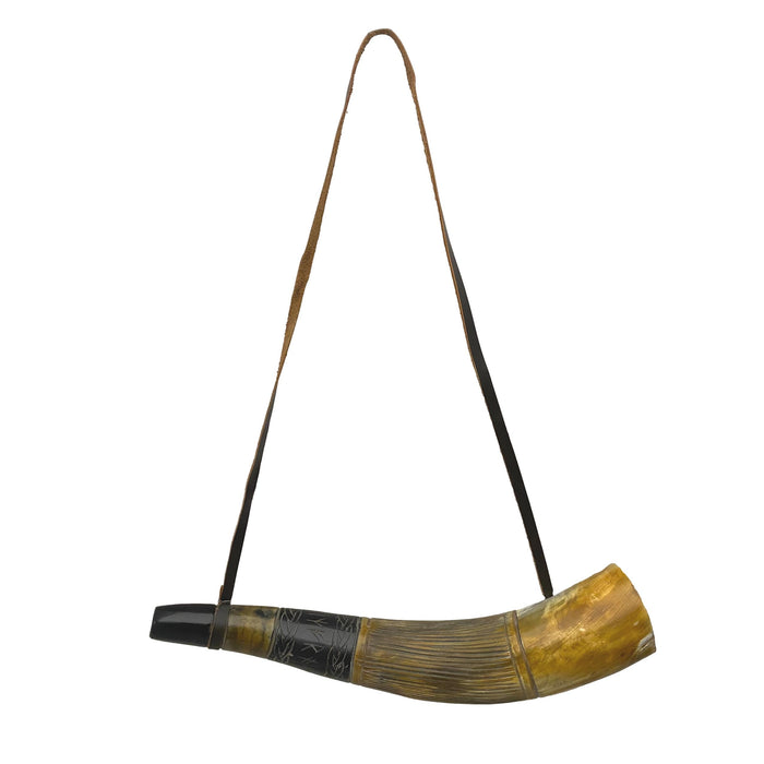 Etched Blowing War Horn - Sounding Buffalo Horn with Leather Strap - Historical Trumpet