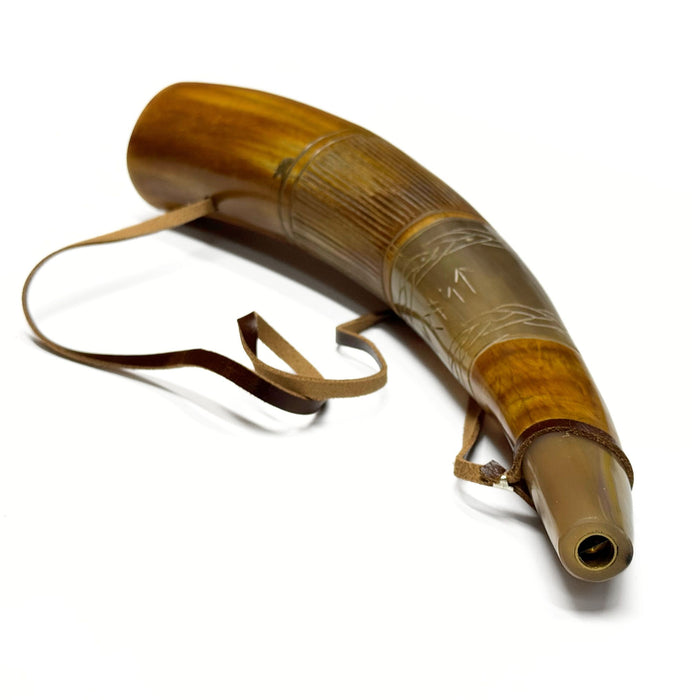 Etched Blowing War Horn - Sounding Buffalo Horn with Leather Strap - Historical Trumpet