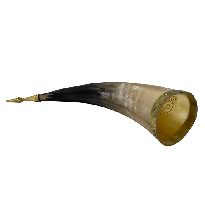 12-14 inch Fenrir Horn - Buffalo Horn with Engraved Wolf and Brass Accents