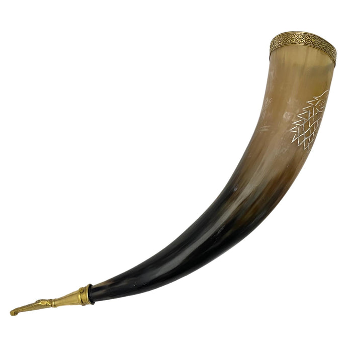 12-14 inch Fenrir Horn - Buffalo Horn with Engraved Wolf and Brass Accents