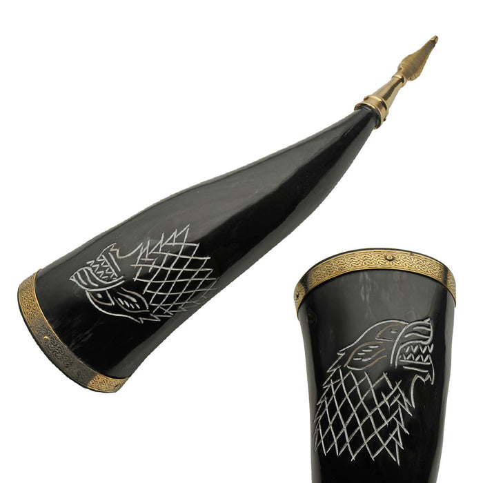 12-14 inch Fenrir Horn - Buffalo Horn with Engraved Wolf and Brass Accents