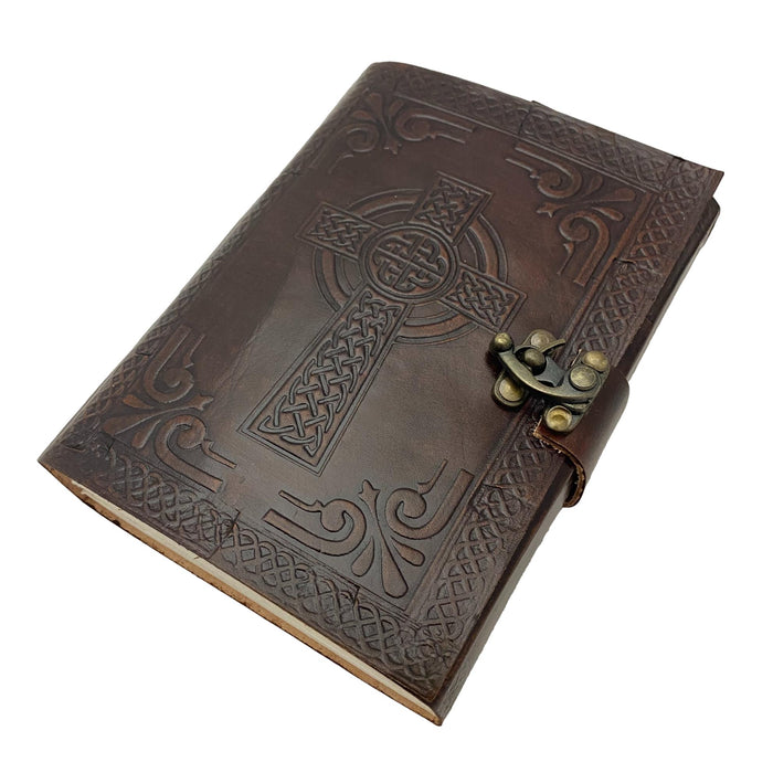 Celtic Cross Leather Journal with Lock - Embossed Leather Writing or Drawing Blank Notebook