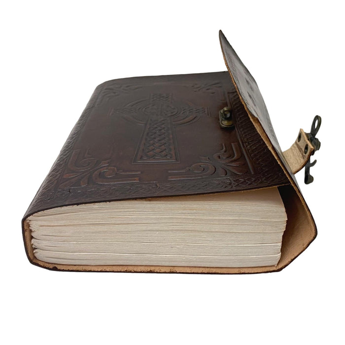 Celtic Cross Leather Journal with Lock - Embossed Leather Writing or Drawing Blank Notebook
