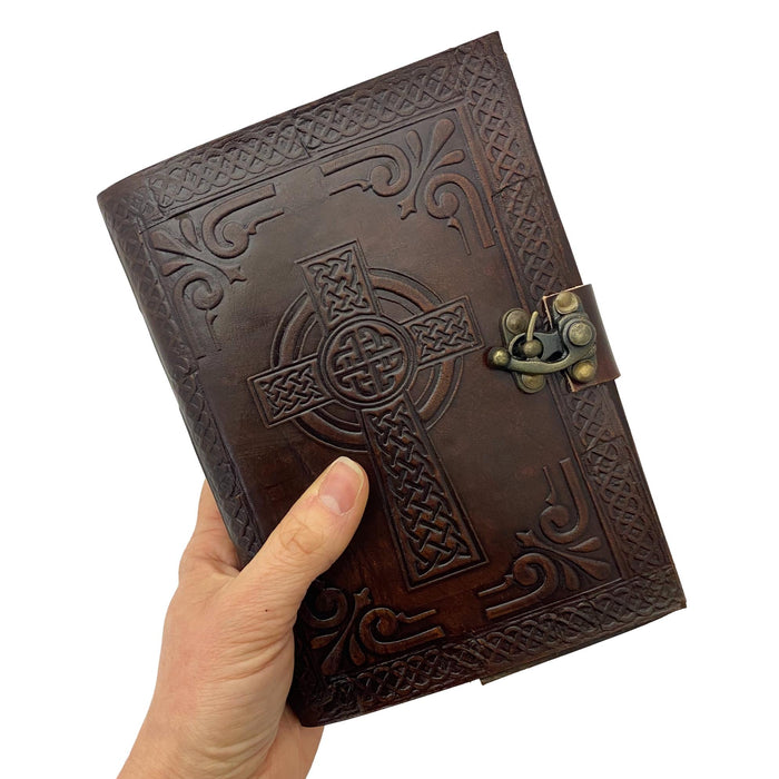 Celtic Cross Leather Journal with Lock - Embossed Leather Writing or Drawing Blank Notebook