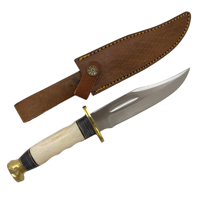 Bowie Hunter Knife with Bone Handle and Leather Sheath