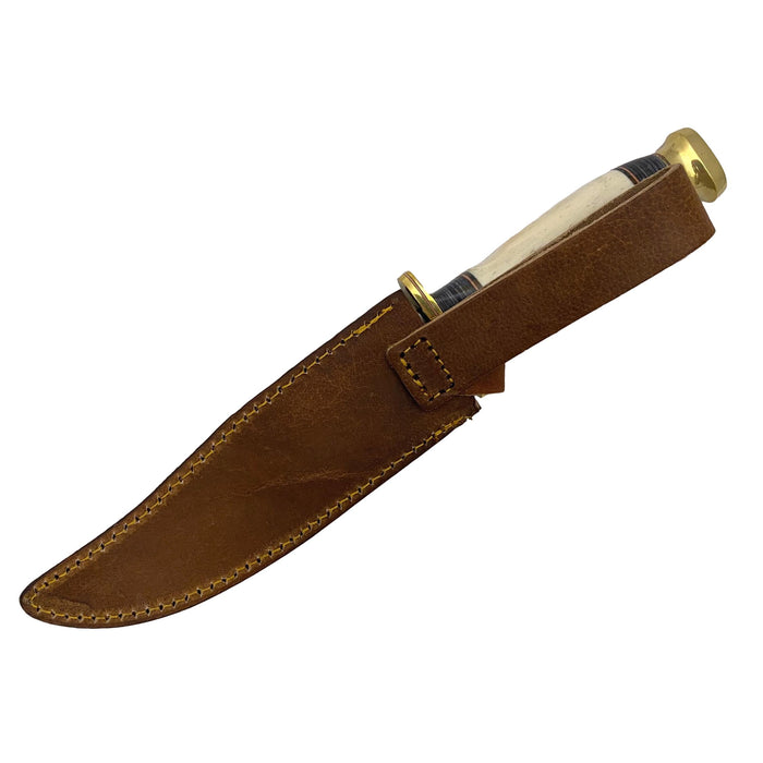Bowie Hunter Knife with Bone Handle and Leather Sheath