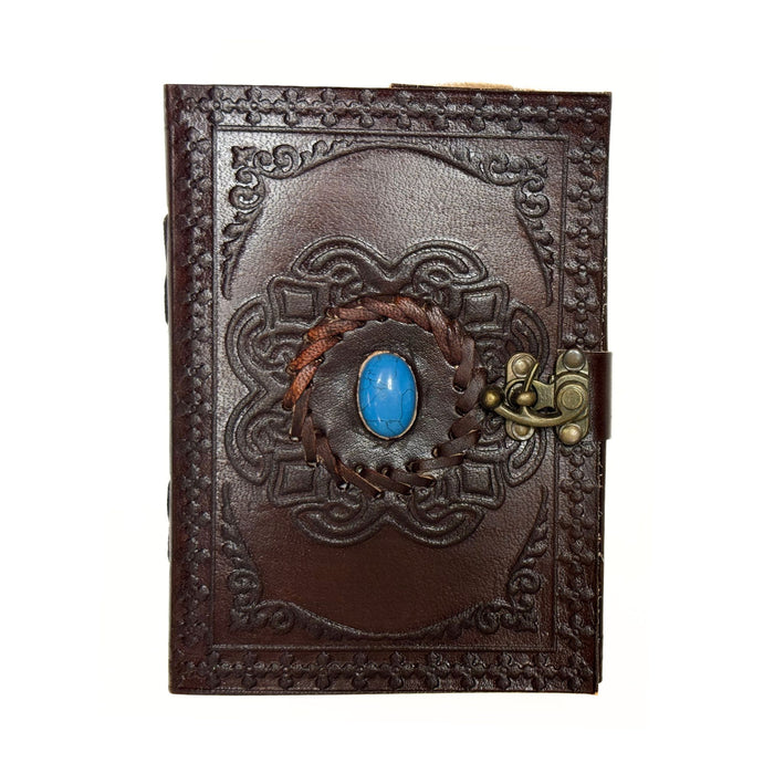 Leather Journal with Turquoise Stone, Floral Designs, and Swivel Lock - Embossed Notebook with Blank Paper for Writing or Drawing