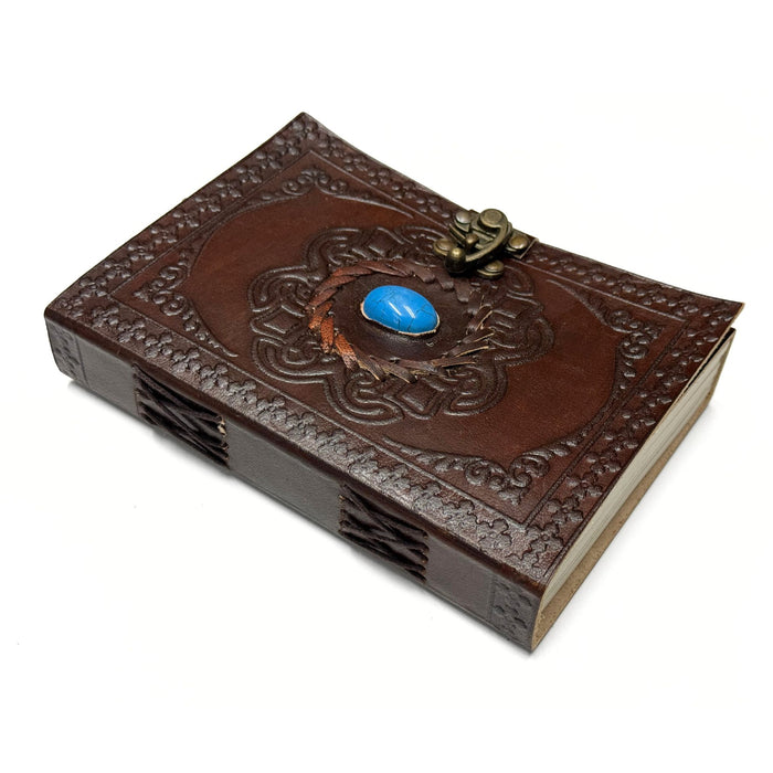 Leather Journal with Turquoise Stone, Floral Designs, and Swivel Lock - Embossed Notebook with Blank Paper for Writing or Drawing