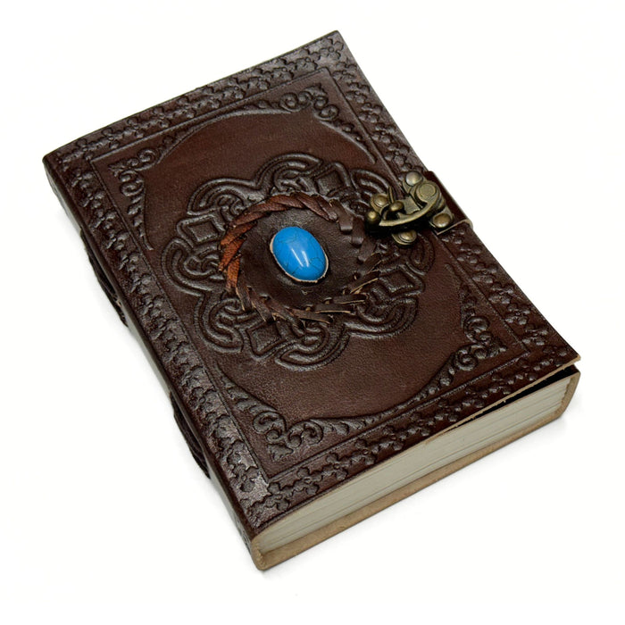 Leather Journal with Turquoise Stone, Floral Designs, and Swivel Lock - Embossed Notebook with Blank Paper for Writing or Drawing