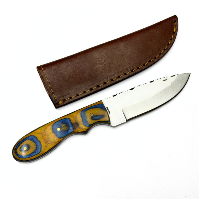 Blue and Yellow Wood Handled Outdoor Sunset Skinner Hunting Knife With Sheath