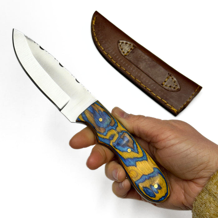 Blue and Yellow Wood Handled Outdoor Sunset Skinner Hunting Knife With Sheath
