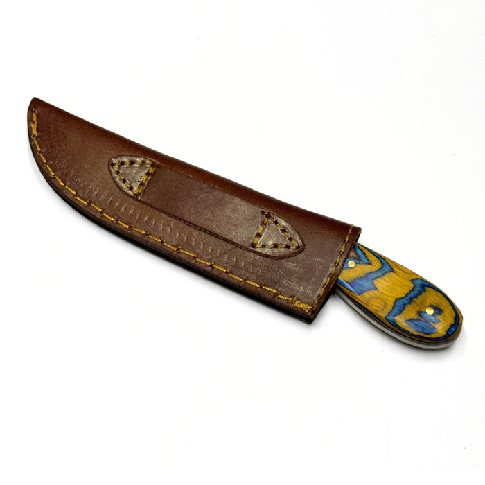 Blue and Yellow Wood Handled Outdoor Sunset Skinner Hunting Knife With Sheath