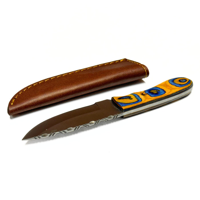 Blue and Yellow Wood Handled Outdoor Sunset Skinner Hunting Knife With Sheath