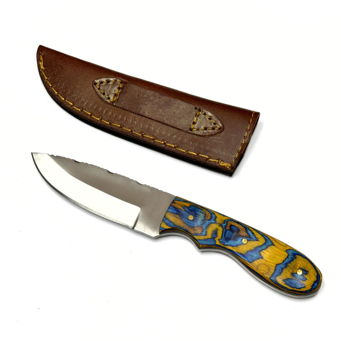 Blue and Yellow Wood Handled Outdoor Sunset Skinner Hunting Knife With Sheath