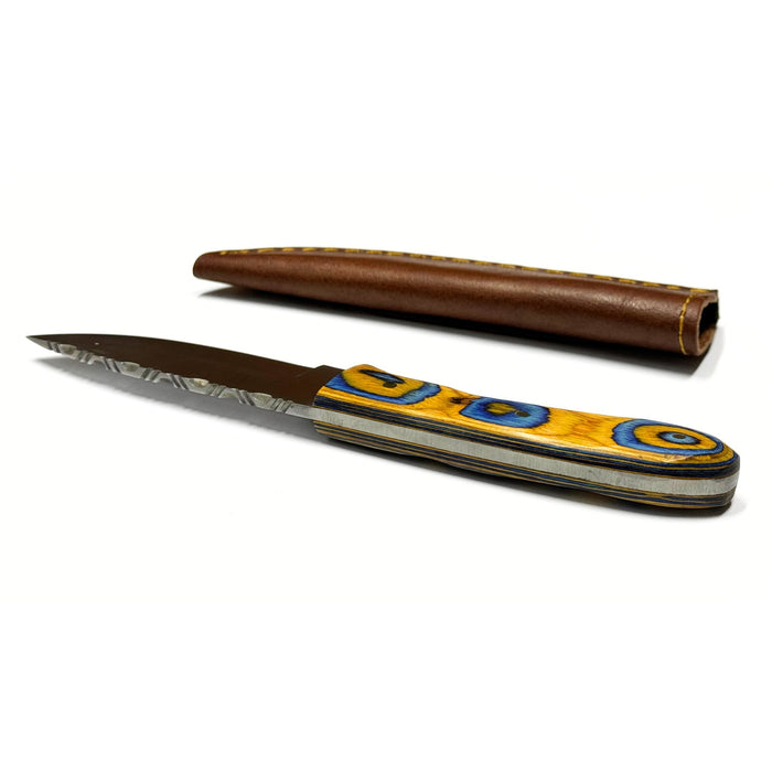Blue and Yellow Wood Handled Outdoor Sunset Skinner Hunting Knife With Sheath