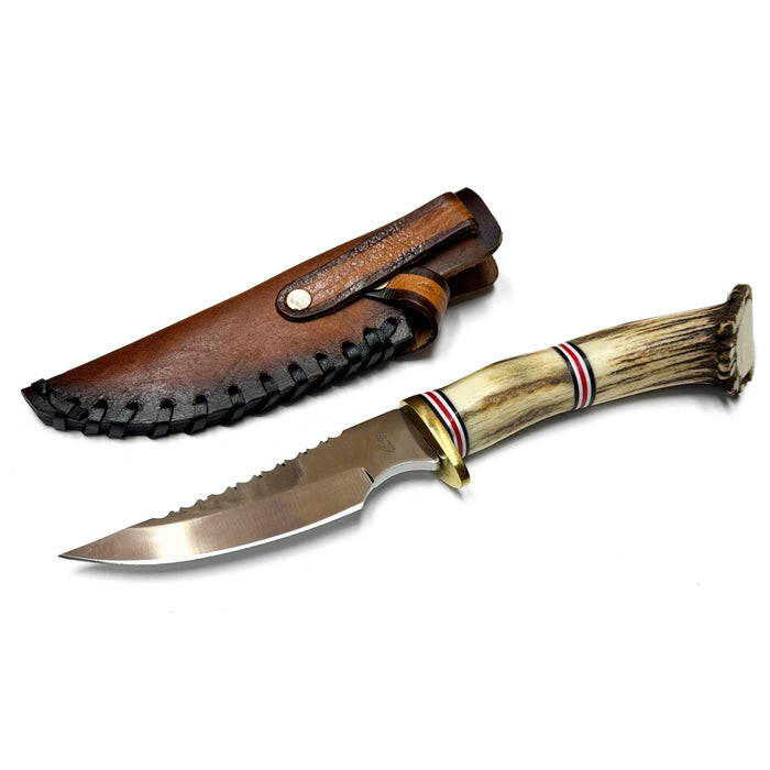 10" Stag Crown Hunting Knife with Leather Sheath