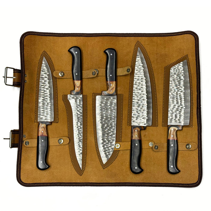 5 Piece Kitchen Hammered Knife Roll Set