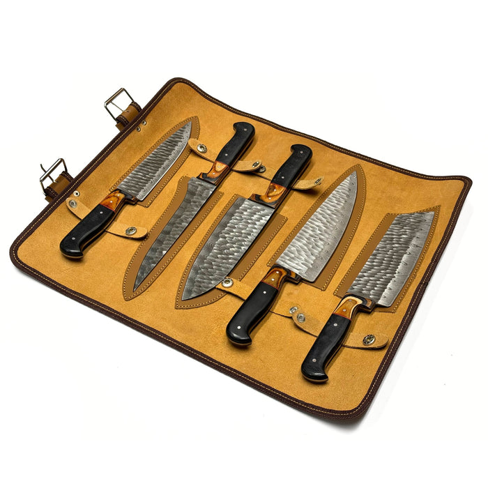 5 Piece Kitchen Hammered Knife Roll Set