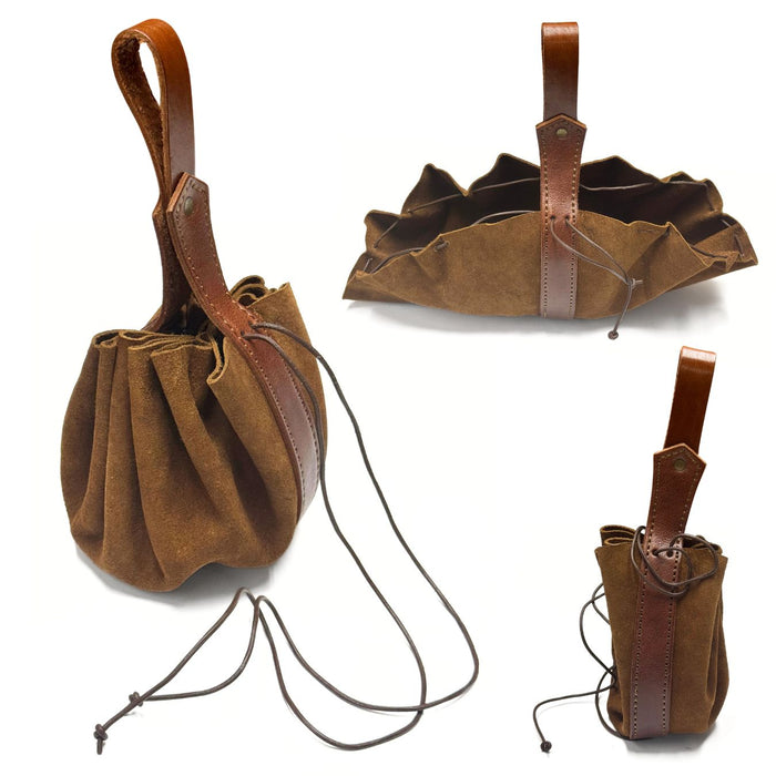 Brown Suede Drawstring Bag with Belt Loop