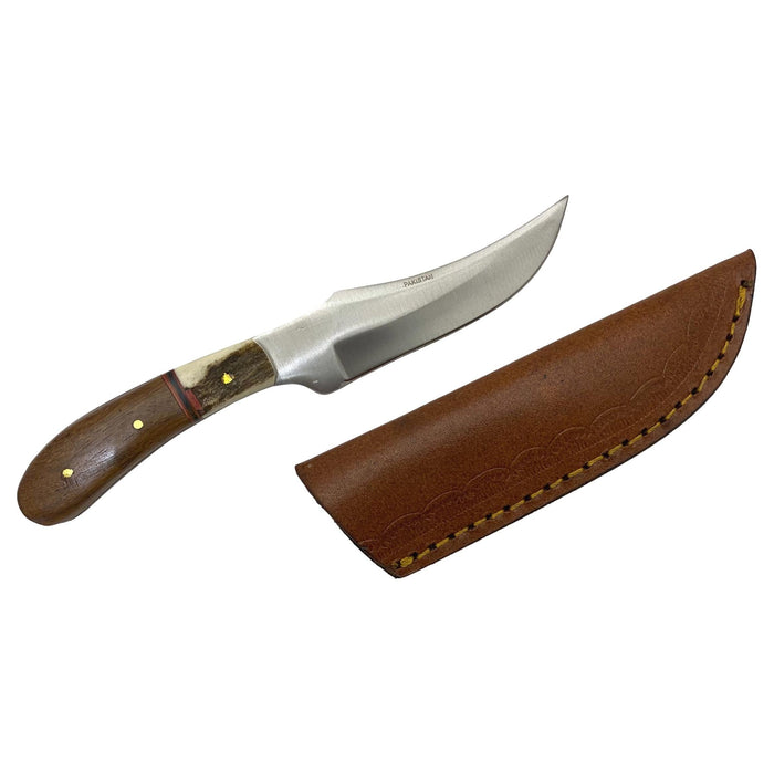 Stag and Wood Patch Skinner Knife with Leather Sheath