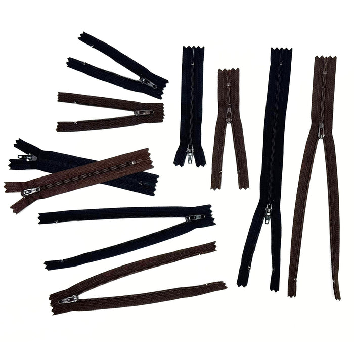 24 Pack Nylon Zippers for Crafts - Black - Dark Brown - 9" - 6" - 5" - 4" - 3"
